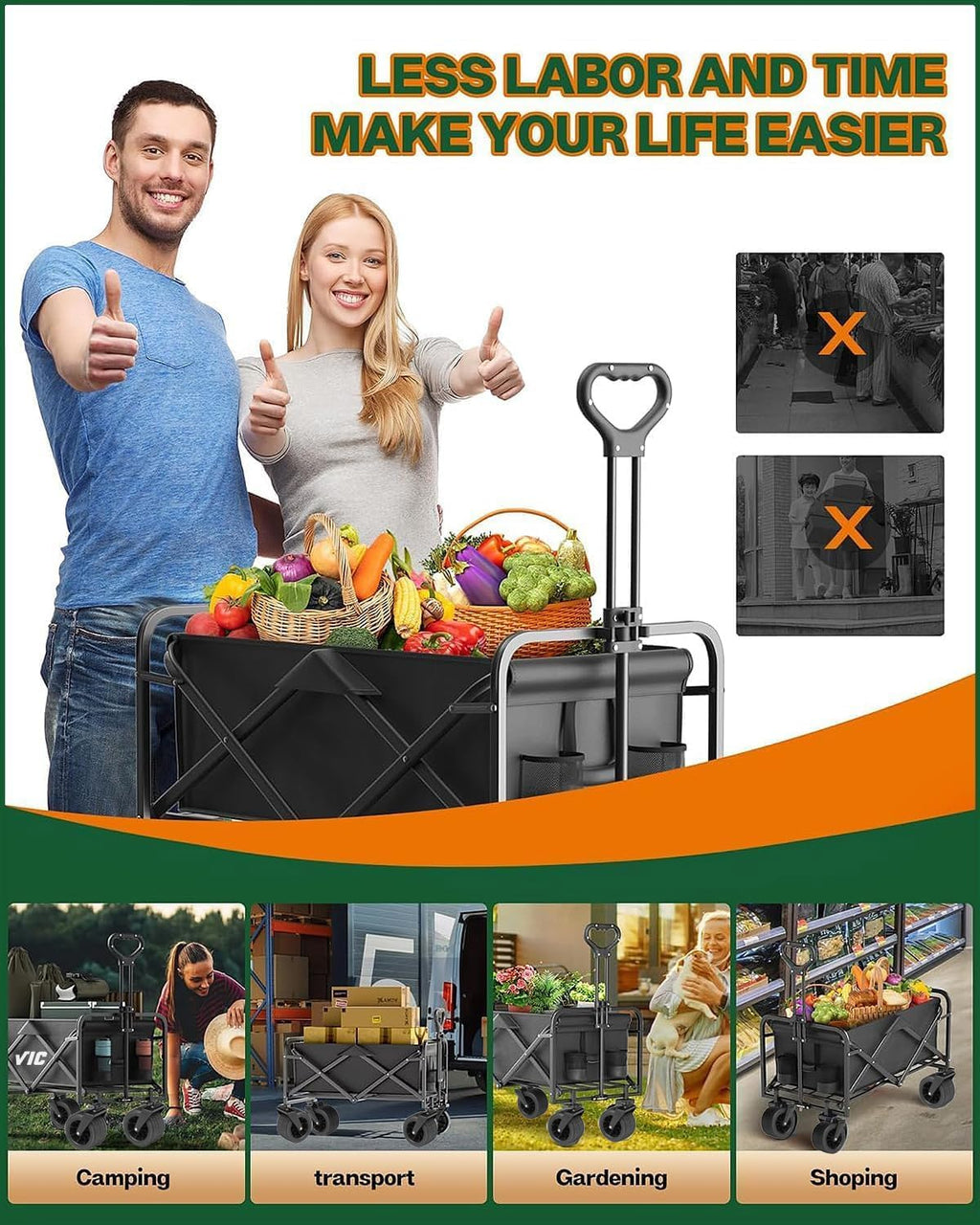 150 kg Collapsible Folding Wagon,Portable Large Wagon Trolley cart