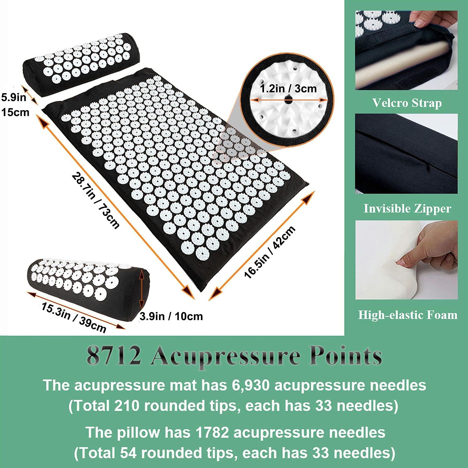Acupressure Mat and Pillow Set with Bag - Large Size 28.7 X 16.5 inch Acupuncture Mat for stress Relief