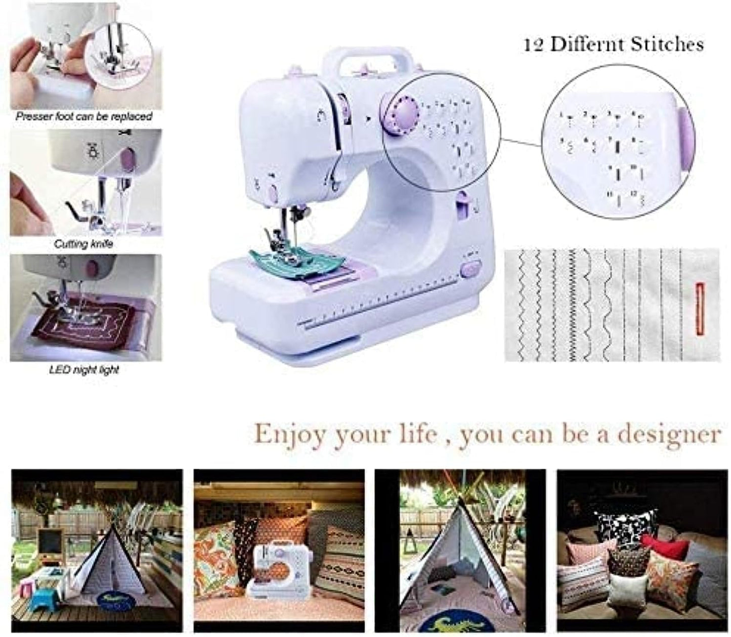 Portable Mini Automatic Sewing Machine,Electric Professional Crafting Mending Tool - LED 12 Stitches 2 Speed with Foot Pedal for Household