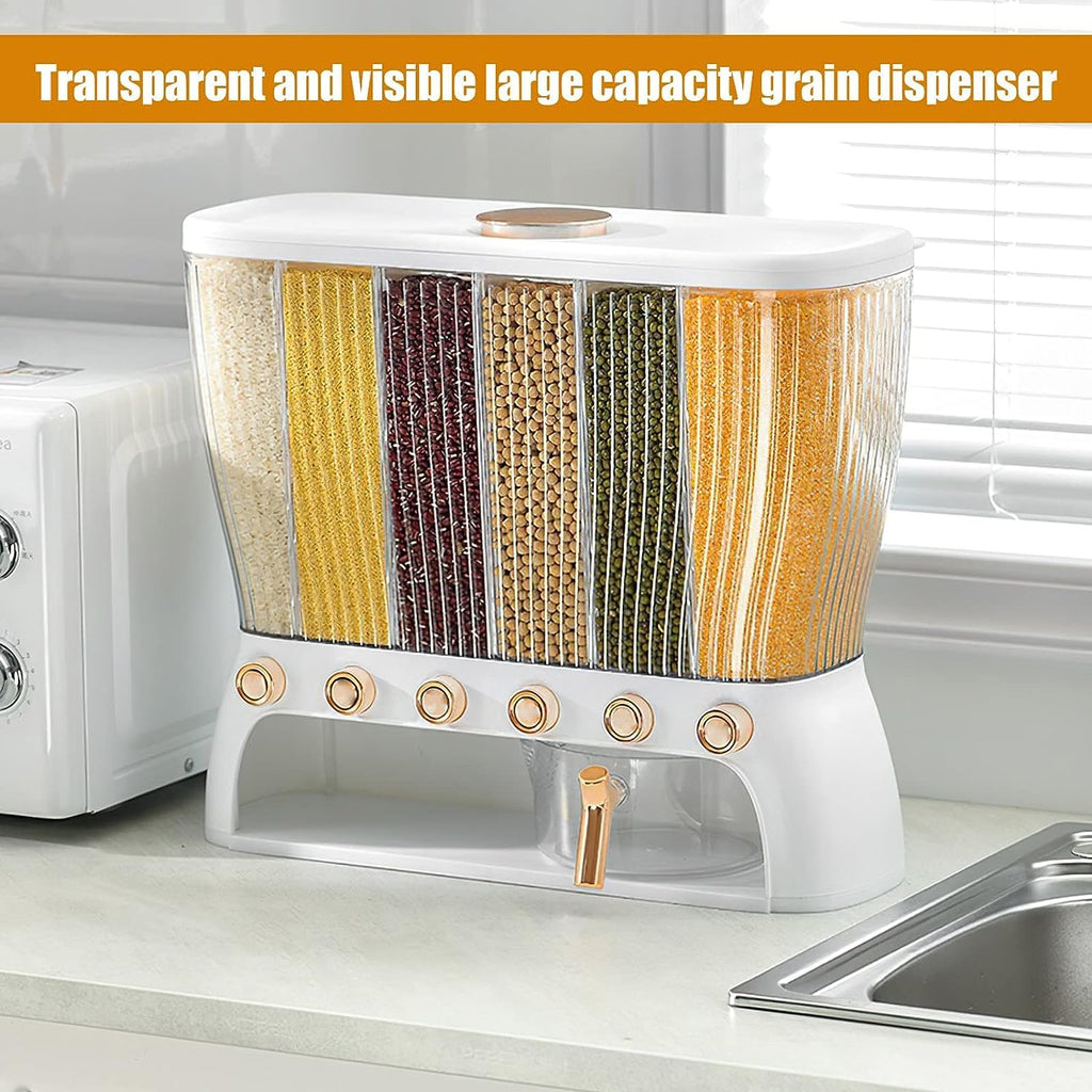 Rice Dispenser Storage Cereal Beans Container 6 Grids Grain Dispenser with Measuring Cup Lid