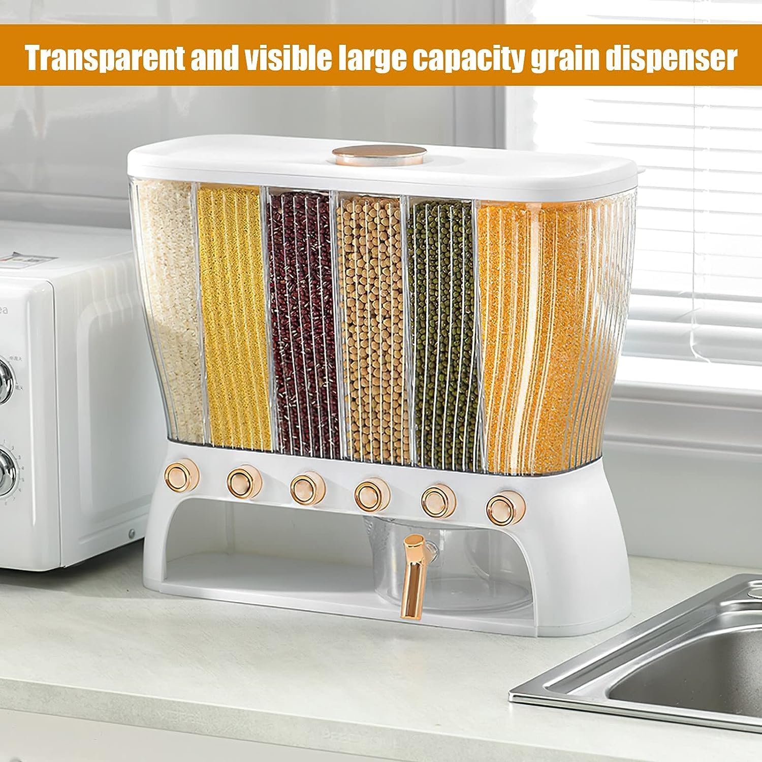 Rice Dispenser Storage Cereal Beans Container 6 Grids Grain Dispenser with Measuring Cup Lid