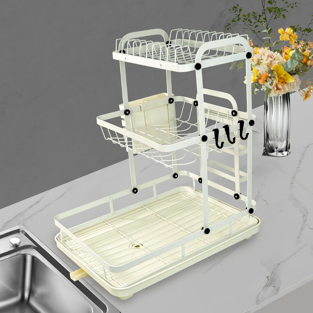 Dish Drying Rack - 3 Tier Dish Rack with Drain Spout, Rust Resistant Dish Drainer