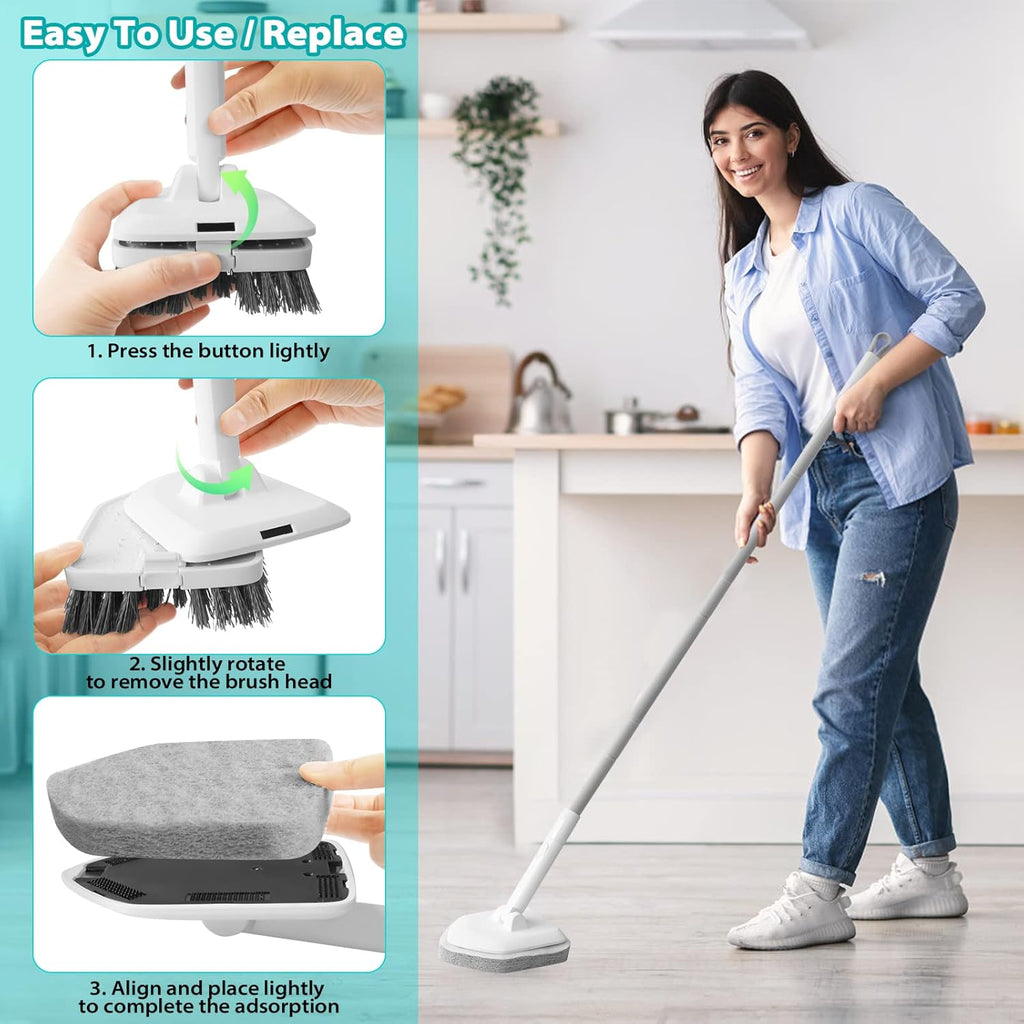 Cleaning Brush with Long Handle, 2 in 1 Tub Tile Scrubber Brush with Sponge and Bristles Cleaning Heads,