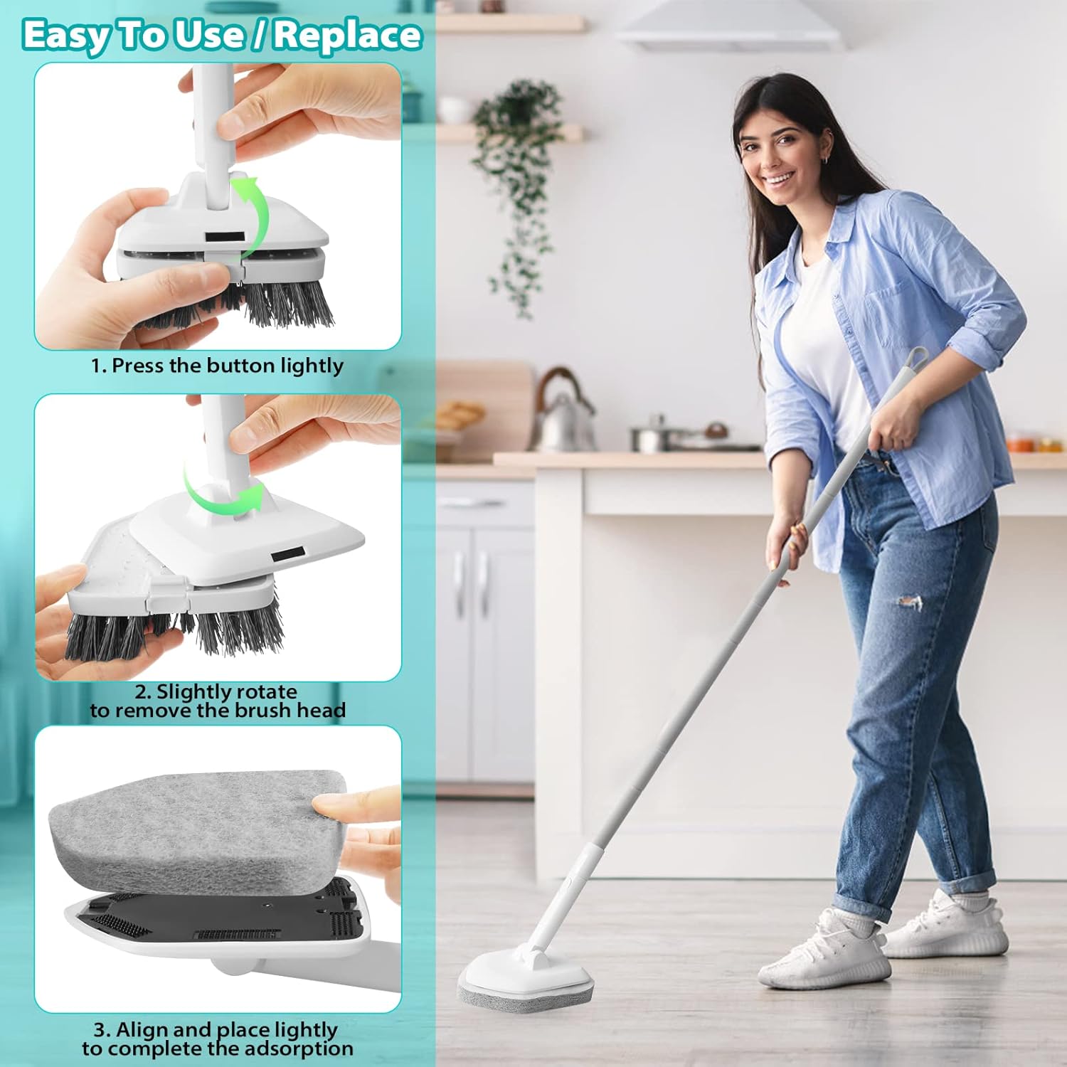 Cleaning Brush with Long Handle, 2 in 1 Tub Tile Scrubber Brush with Sponge and Bristles Cleaning Heads,