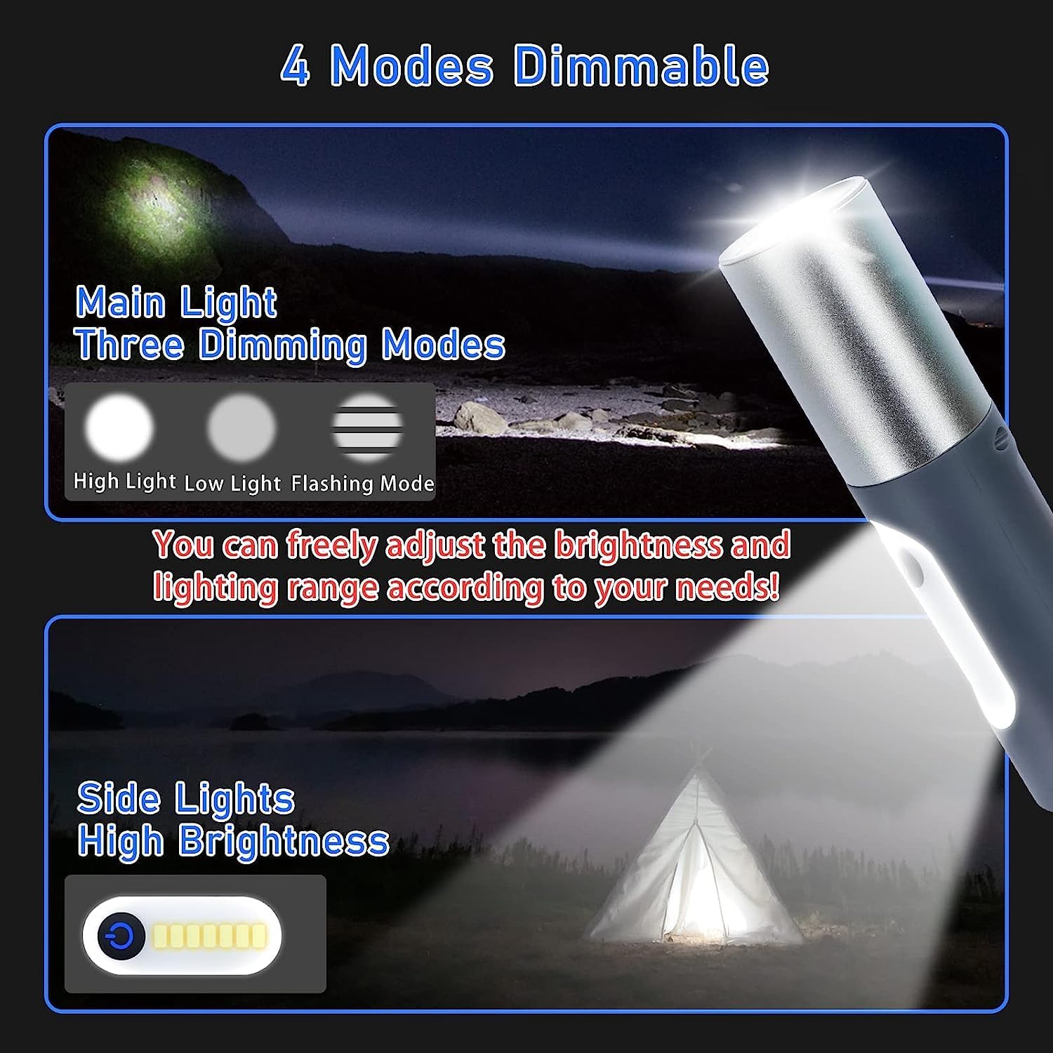 مصابيح يدوية LED قابلة لإعادة الشحن، مصابيح يدوية تكتيكية عالية اللومن مع إمكانية التكبير و4 أوضاع