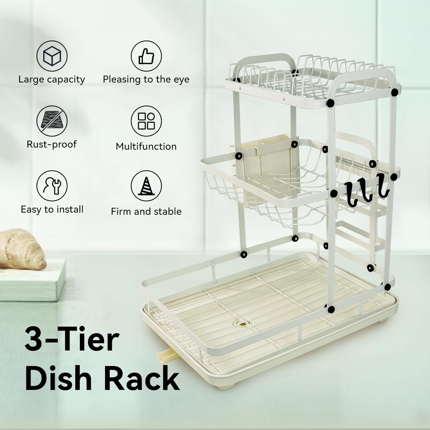 Dish Drying Rack - 3 Tier Dish Rack with Drain Spout, Rust Resistant Dish Drainer