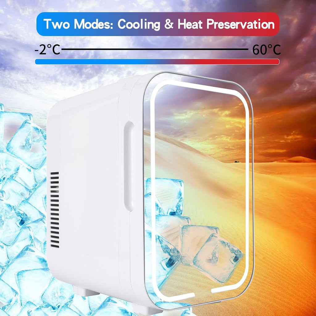 Mini Fridge with Mirror Door & Adjustable LED Lights 8L