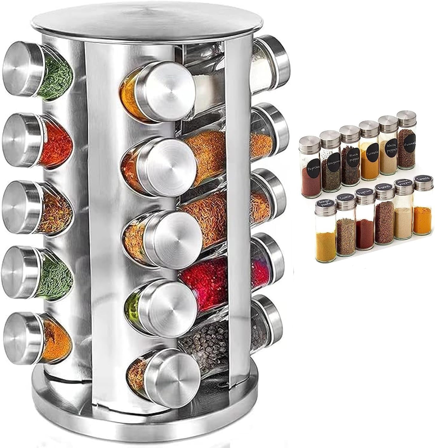 Stainless Steel 20 Spice Carousel 360° Rotating Rack Organizer with Glass Jars