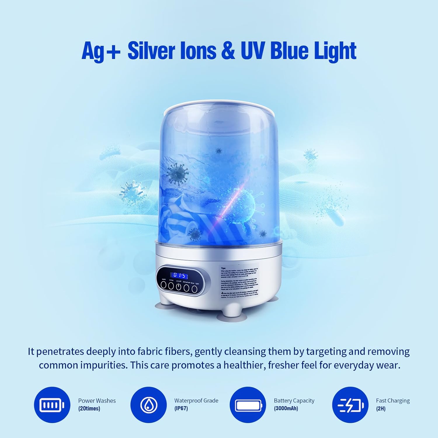 Portable 3L Mini USB Rechargeable Washing Machine with Blue-light
