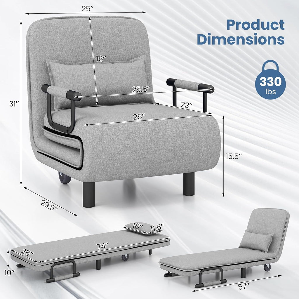 3-in-1 Convertible Sofa Bed with 5-Position Adjustable Backrest & Lumbar Pillow