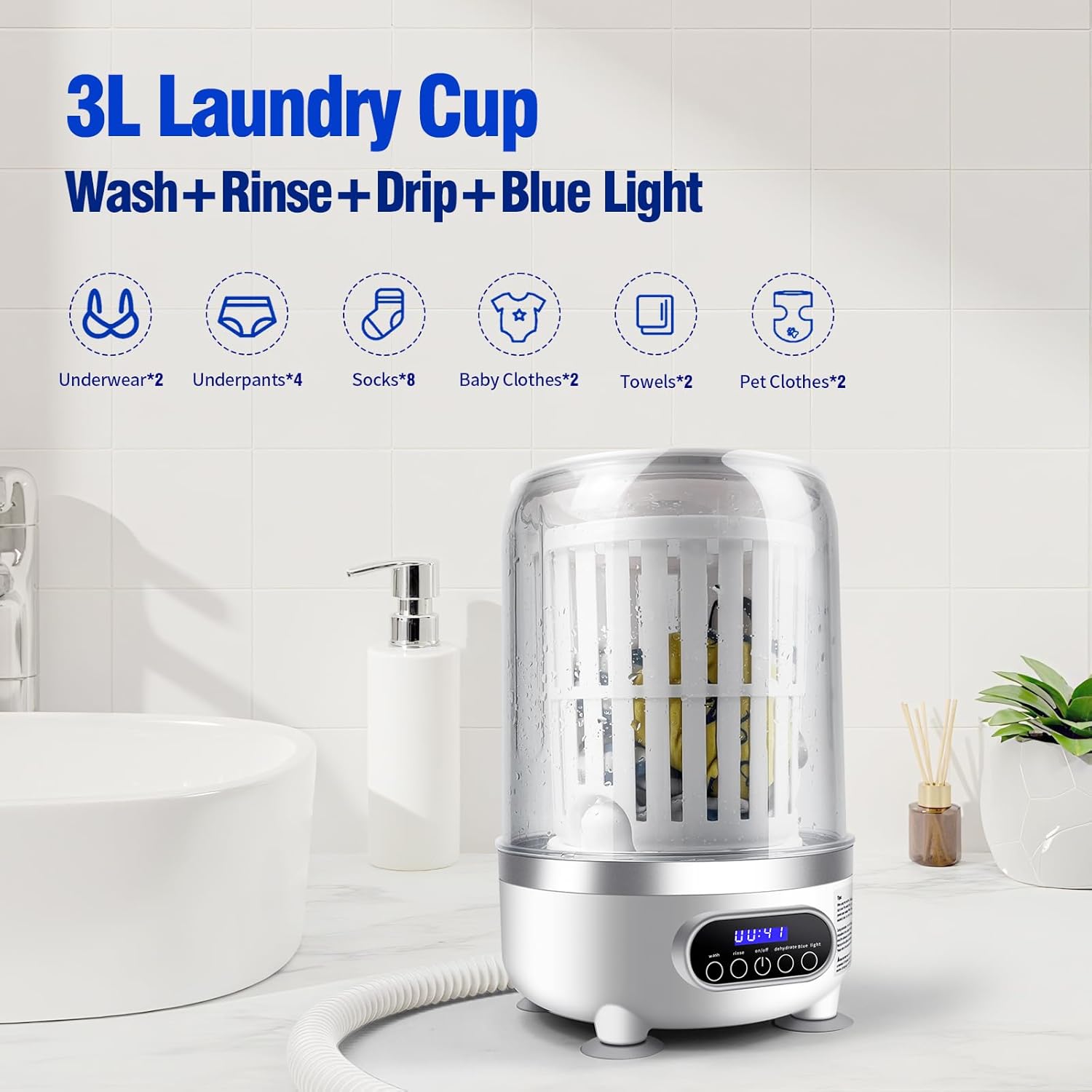 Portable 3L Mini USB Rechargeable Washing Machine with Blue-light