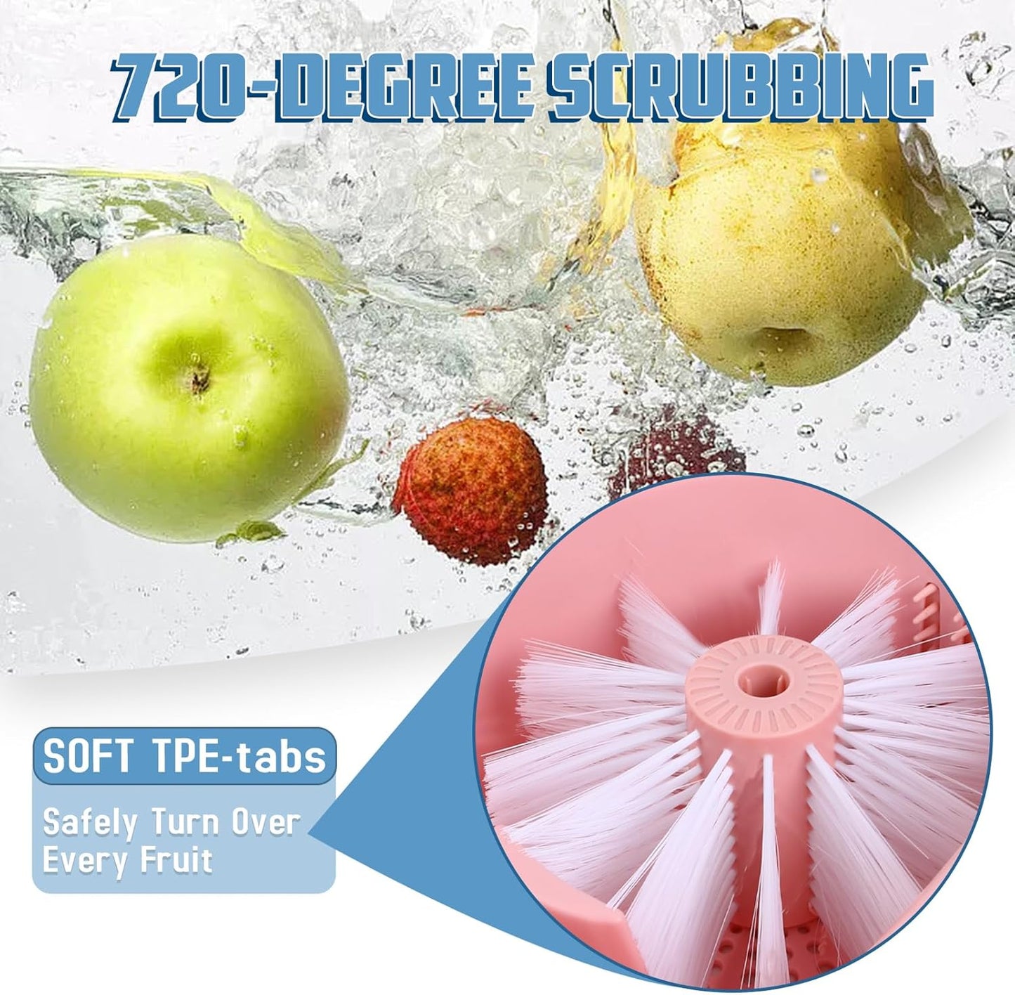Fruit Cleaner Device, Fruit and Vegetable Washing Machine with Lid, Fruit Washer Spinner with Brush, Portable Fruit Scrubber, 720 Degree Scrubbing Fruit