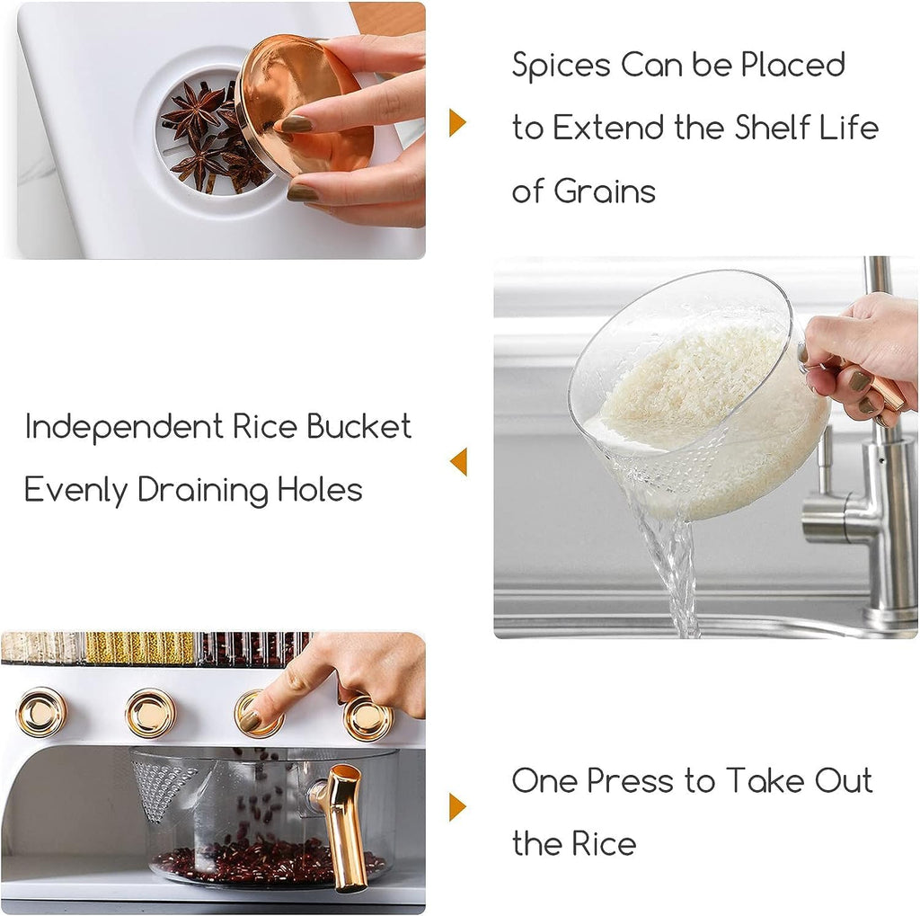 Rice Dispenser Storage Cereal Beans Container 6 Grids Grain Dispenser with Measuring Cup Lid