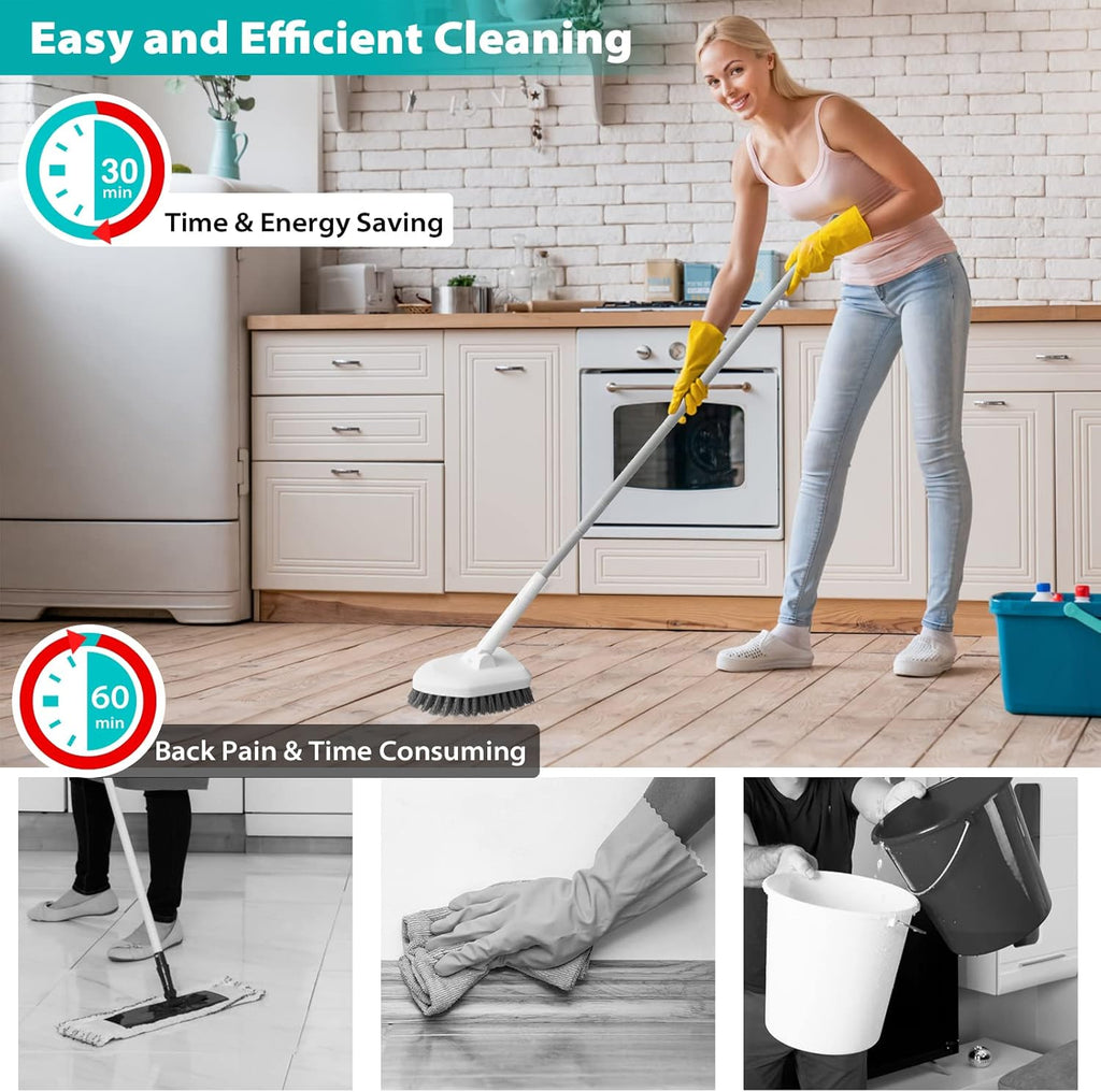 Cleaning Brush with Long Handle, 2 in 1 Tub Tile Scrubber Brush with Sponge and Bristles Cleaning Heads,