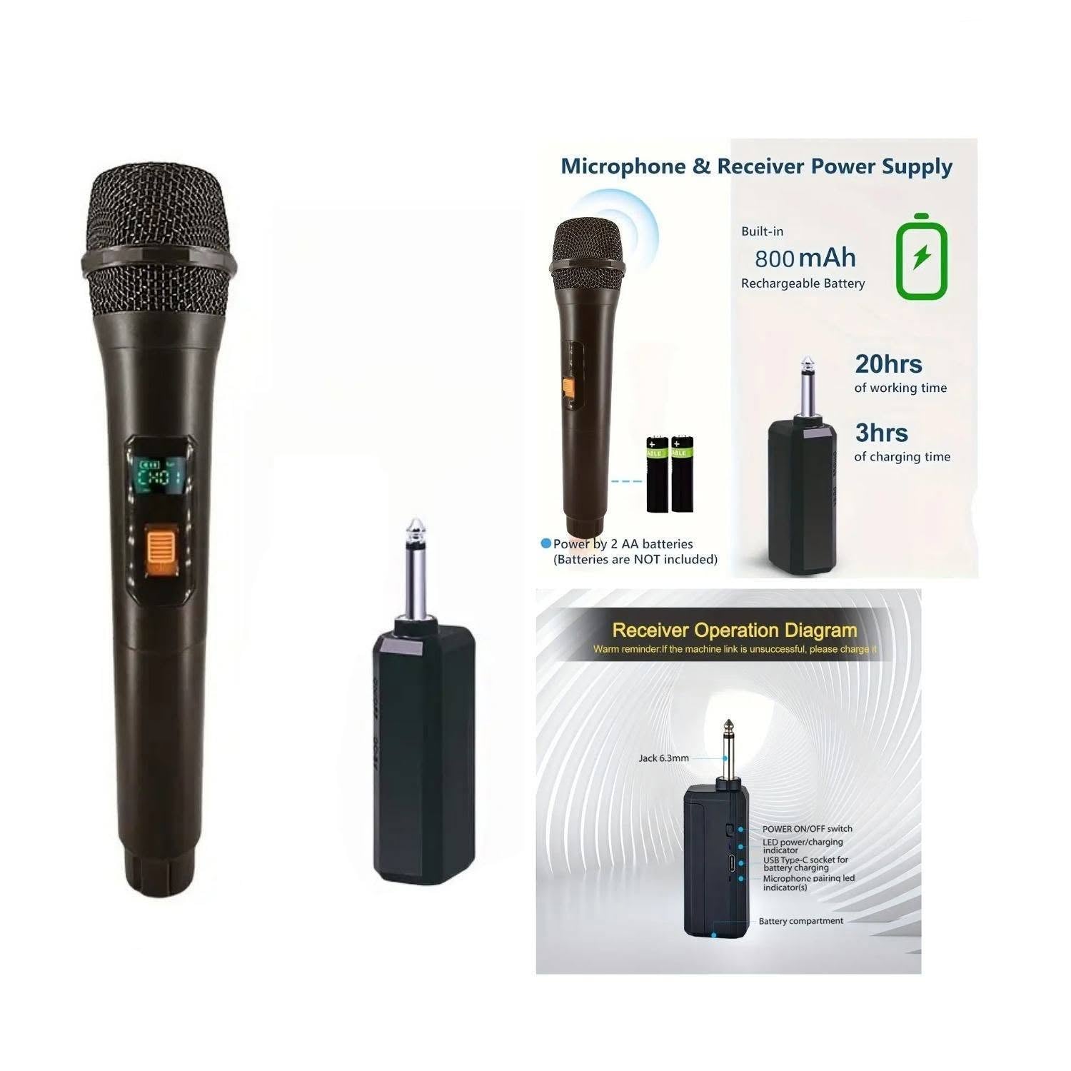 Single Wireless Microphones for Family Gatherings, Outdoor Activities, Performances, and KTV, Receivers Rechargeable
