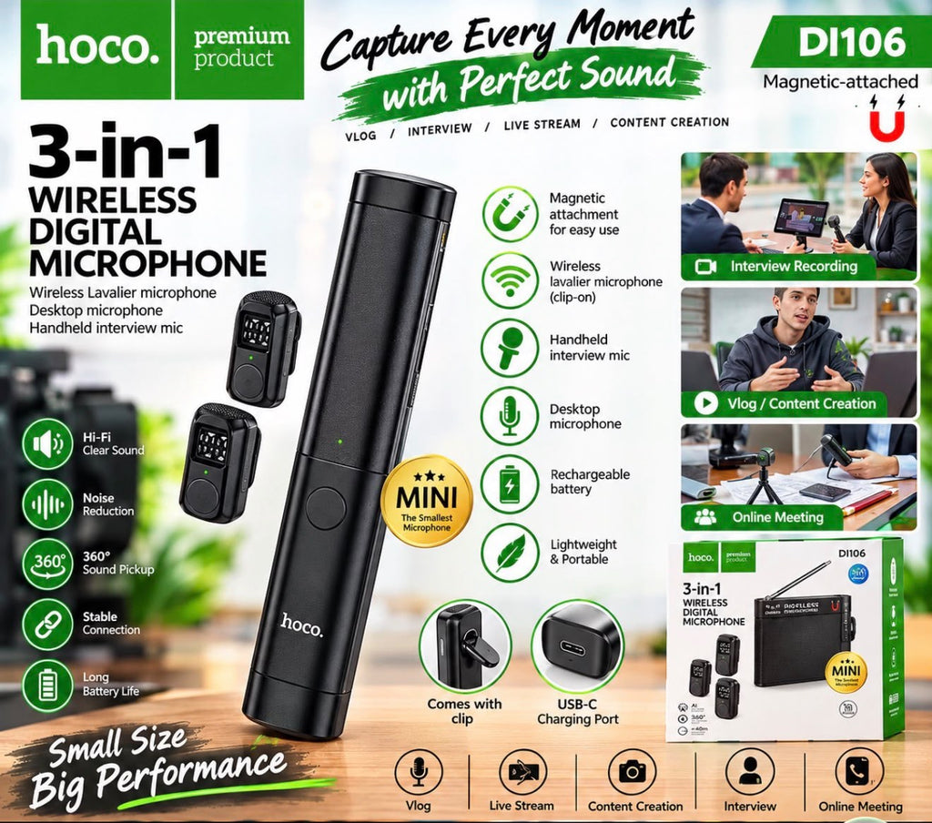 HOCO DI106 is a magnetic-attached 3-in-1 wireless digital microphone