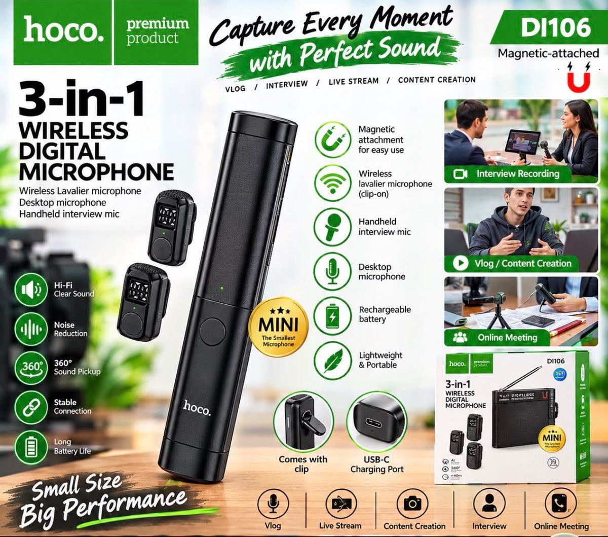 HOCO DI106 is a magnetic-attached 3-in-1 wireless digital microphone