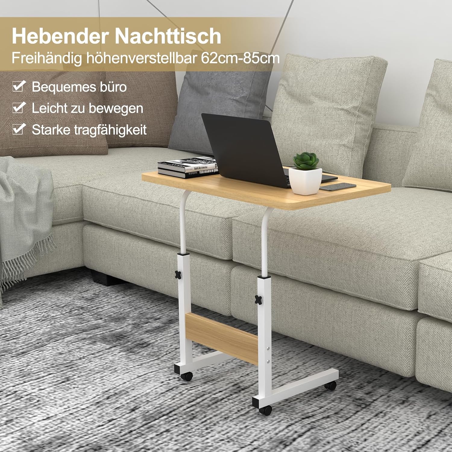Side Table with Wheels, Laptop Table, Height Adjustable, Standing Desk, Laptop Stand