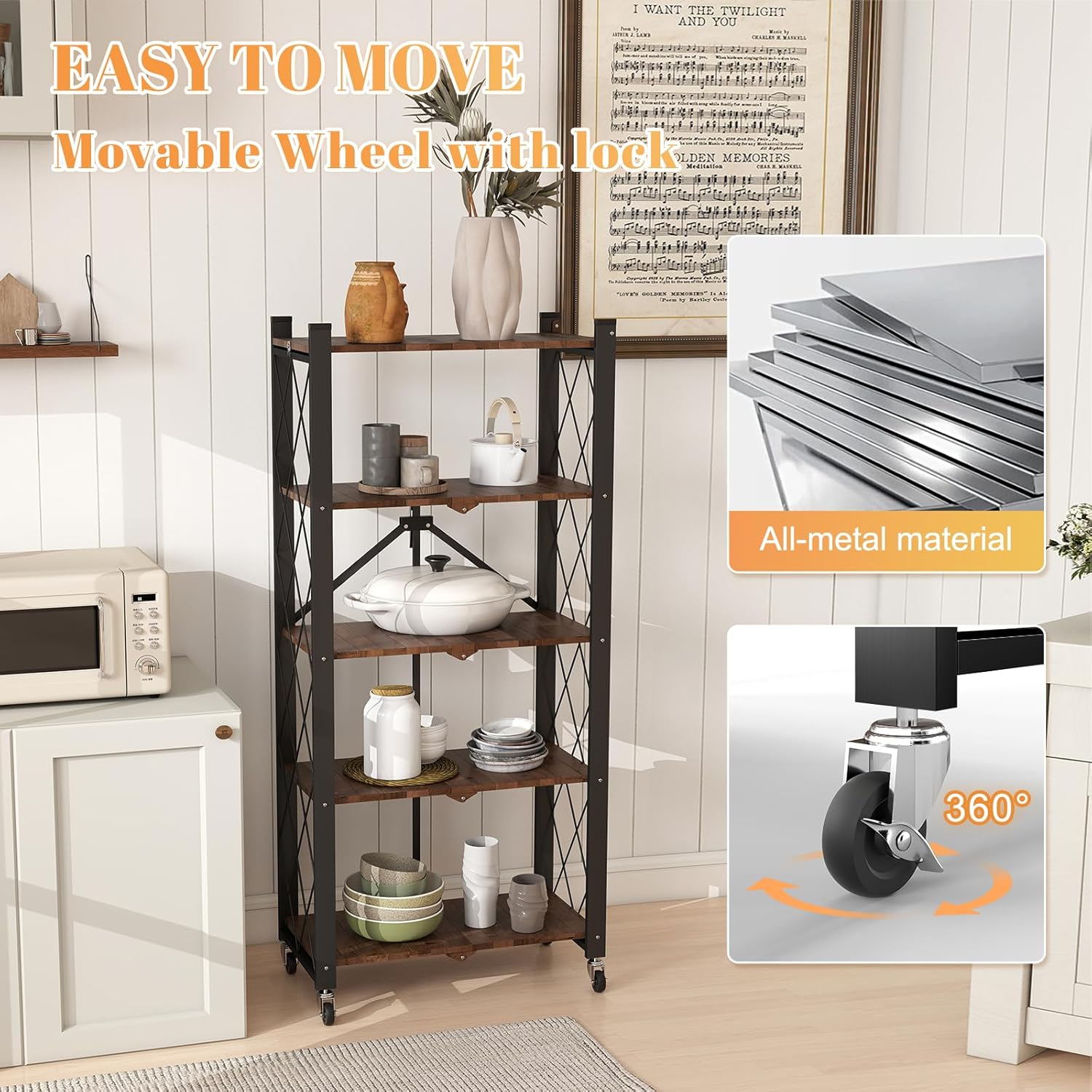 5-Tier Metal Folding Storage Shelf with Woodgrain Finish