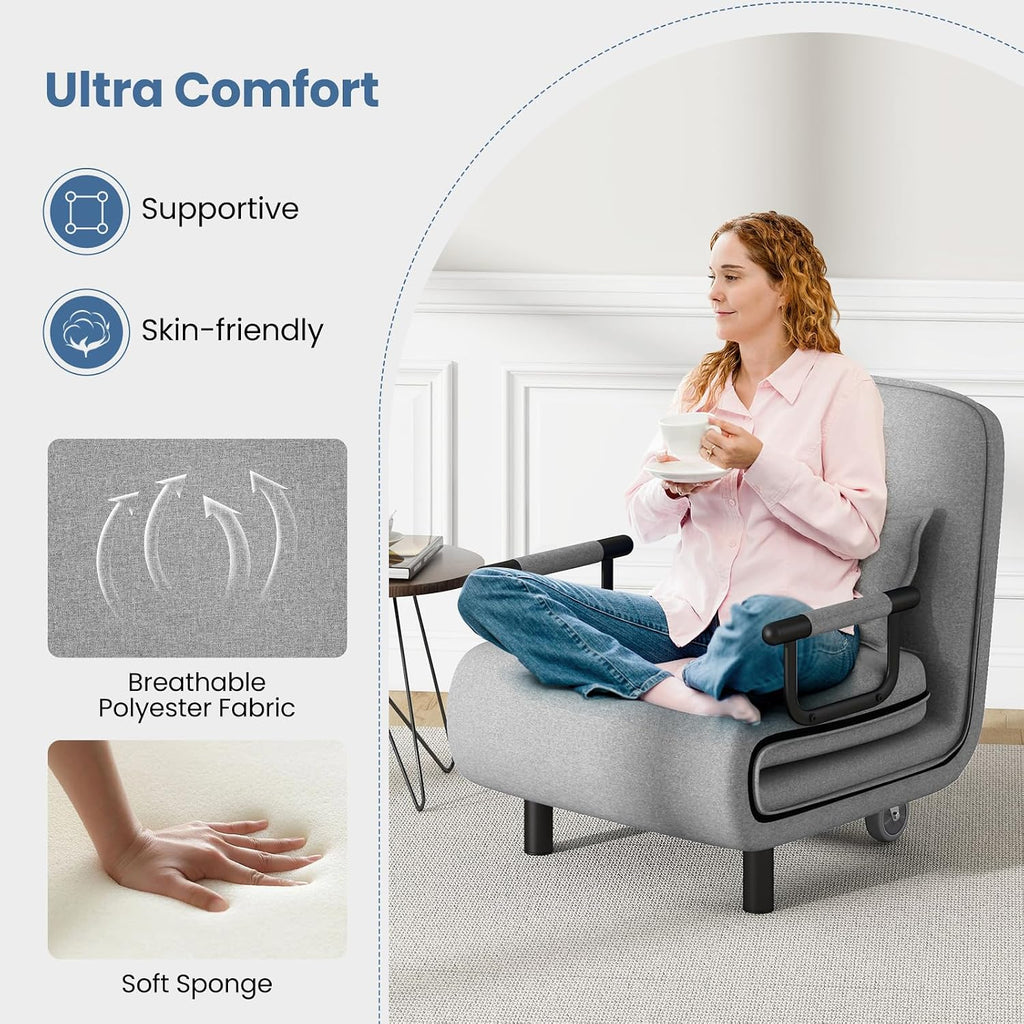3-in-1 Convertible Sofa Bed with 5-Position Adjustable Backrest & Lumbar Pillow