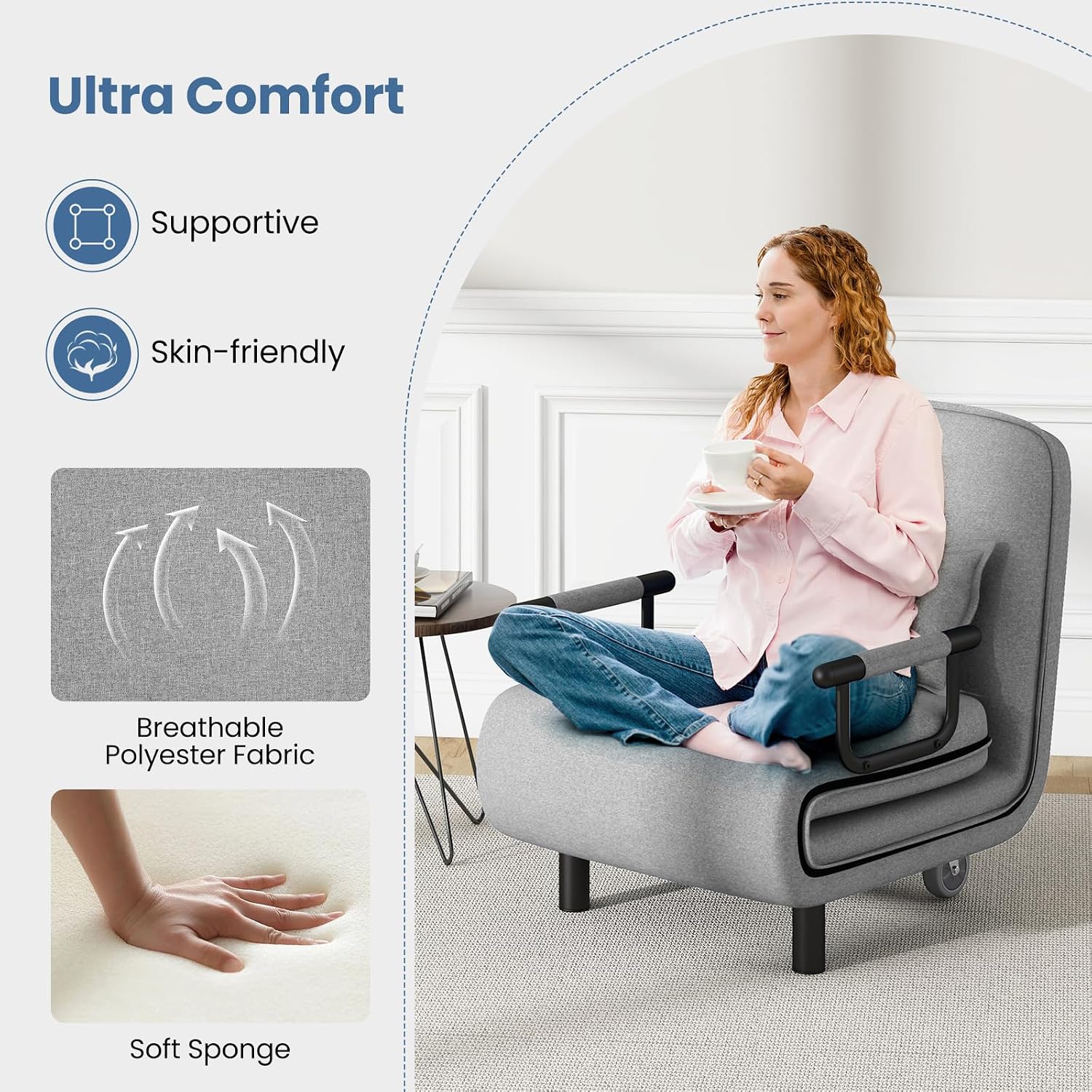 3-in-1 Convertible Sofa Bed with 5-Position Adjustable Backrest & Lumbar Pillow