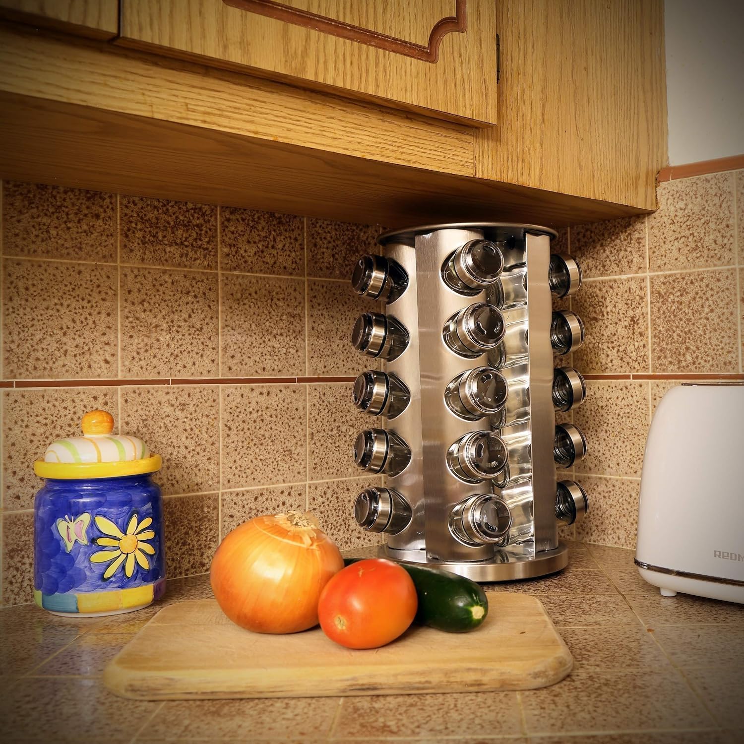 Stainless Steel 20 Spice Carousel 360° Rotating Rack Organizer with Glass Jars