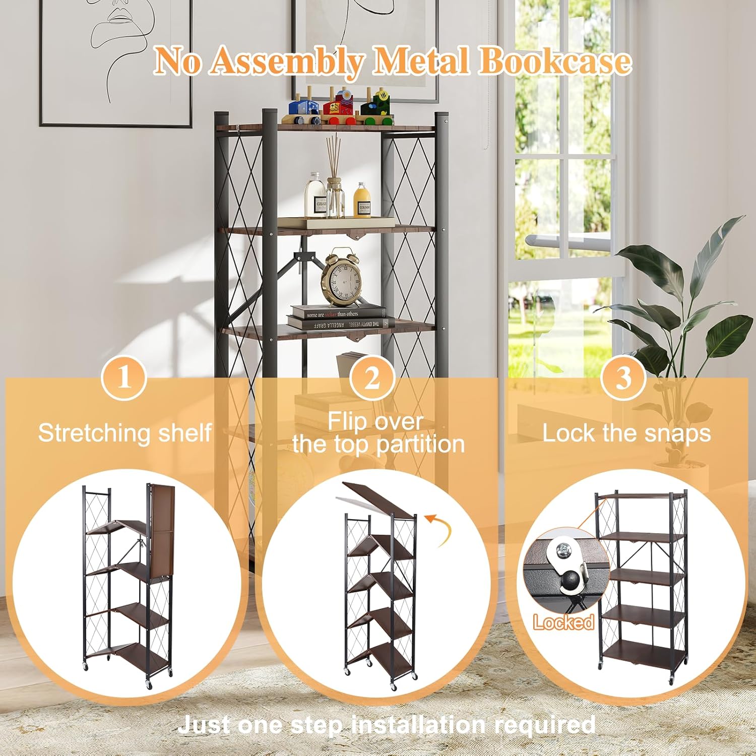 5-Tier Metal Folding Storage Shelf with Woodgrain Finish