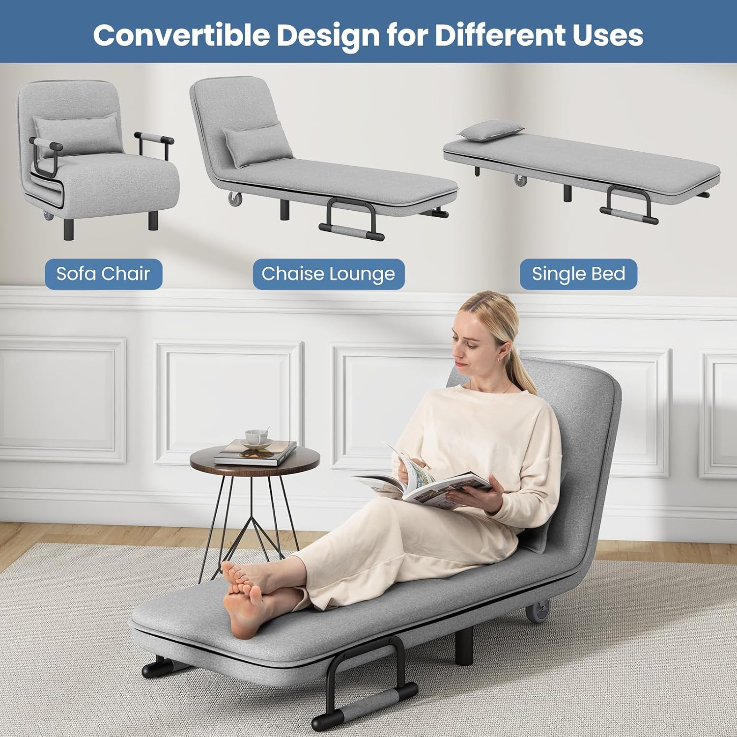 3-in-1 Convertible Sofa Bed with 5-Position Adjustable Backrest & Lumbar Pillow