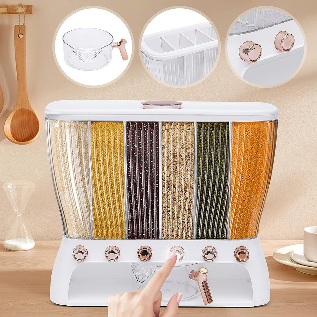 Rice Dispenser Storage Cereal Beans Container 6 Grids Grain Dispenser with Measuring Cup Lid