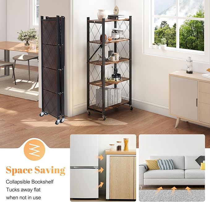 5-Tier Metal Folding Storage Shelf with Woodgrain Finish