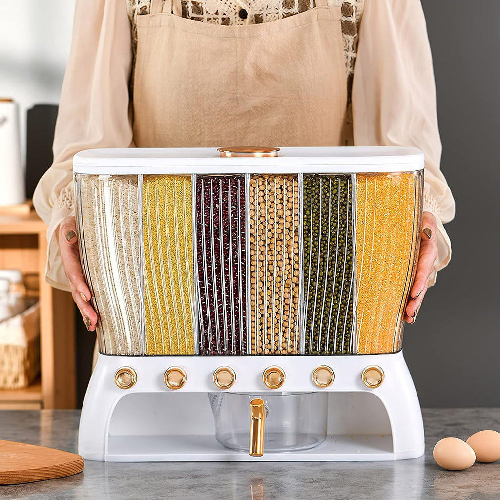 Rice Dispenser Storage Cereal Beans Container 6 Grids Grain Dispenser with Measuring Cup Lid