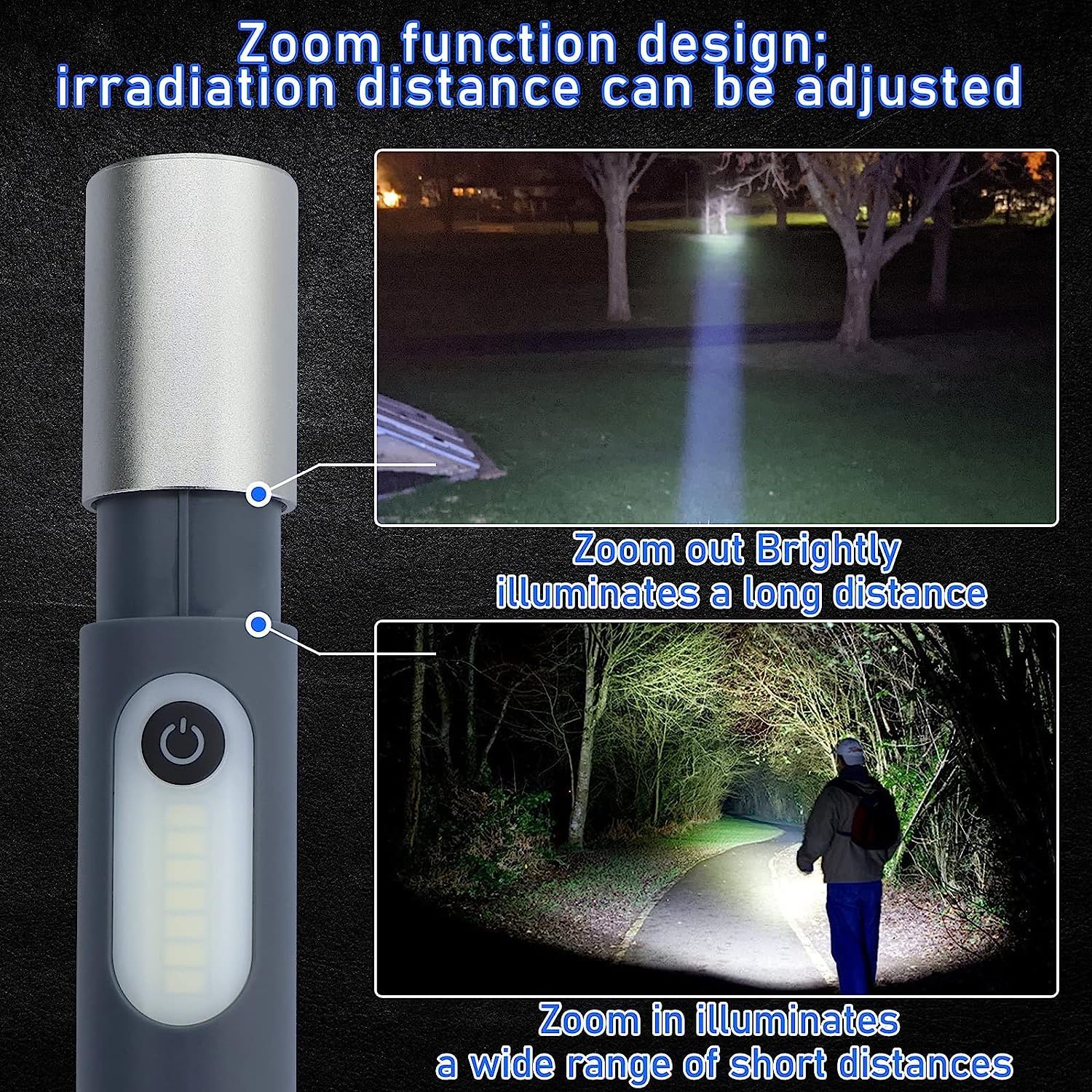 مصابيح يدوية LED قابلة لإعادة الشحن، مصابيح يدوية تكتيكية عالية اللومن مع إمكانية التكبير و4 أوضاع