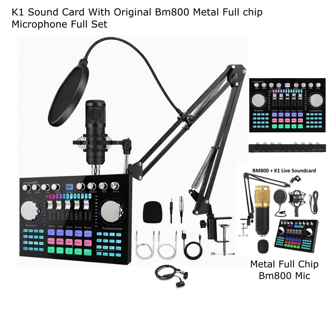 K1 Sound Card with BM800 Professional Metal-Chip Microphone Full Set