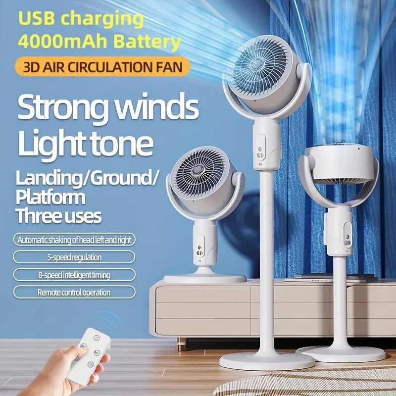 مروحة أرضية قابلة لتعديل الارتفاع مع شحن USB من النوع C، وبطارية 4000 مللي أمبير في الساعة