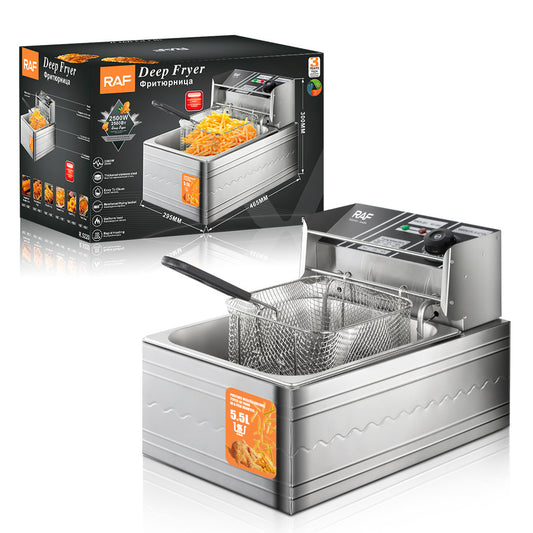 5.5 Liter Deep Fryer Machine Coil : Standard (Electric)  Copper Heating element · Temperature Range 0°C to 200°C · S-Shaped Heat Pipes - Light Weight Steel Body