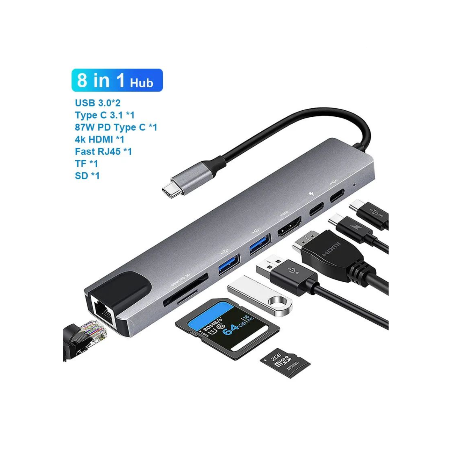 محول من النوع C إلى HDTV 8 في 1 HDMI PD 2 USB SD TF Rj45
