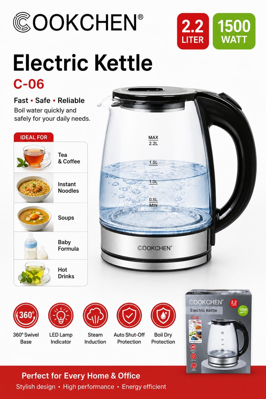 2.2L Glass Electric Kettle 1500W