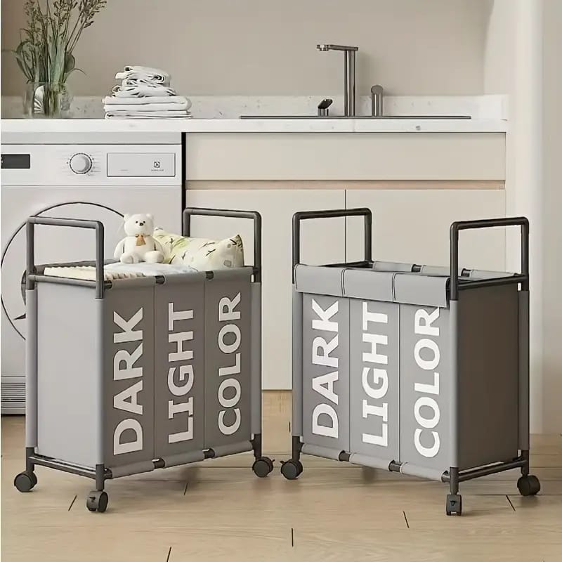 3 Section Large Capacity Laundry Basket With Wheels & Handle