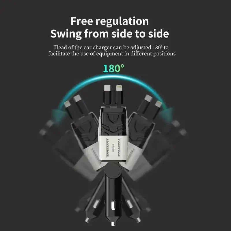 شاحن سيارة قابل للسحب 45 وات 4 في 1 شاحن سيارة سريع قابل للسحب شحن فائق السرعة شاحن هاتف سيارة بمنفذي USB مزدوجين
