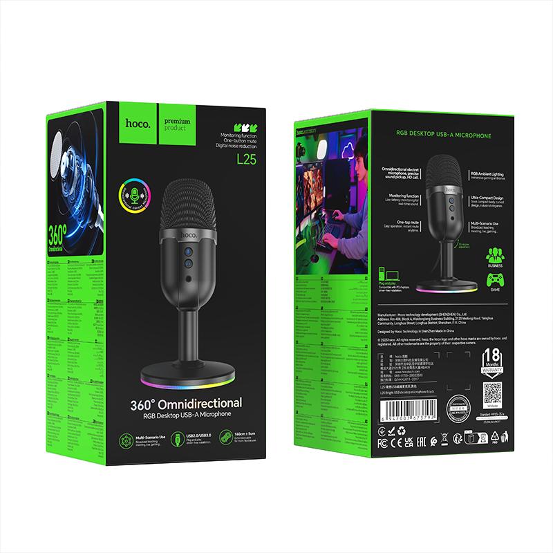 hoco L25 Bright USB-A Port RGB Desktop Microphone(Black)
