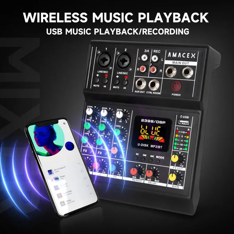 جهاز خلط الصوت الموسيقي الاحترافي المحمول AMACEX PX4 رباعي القنوات