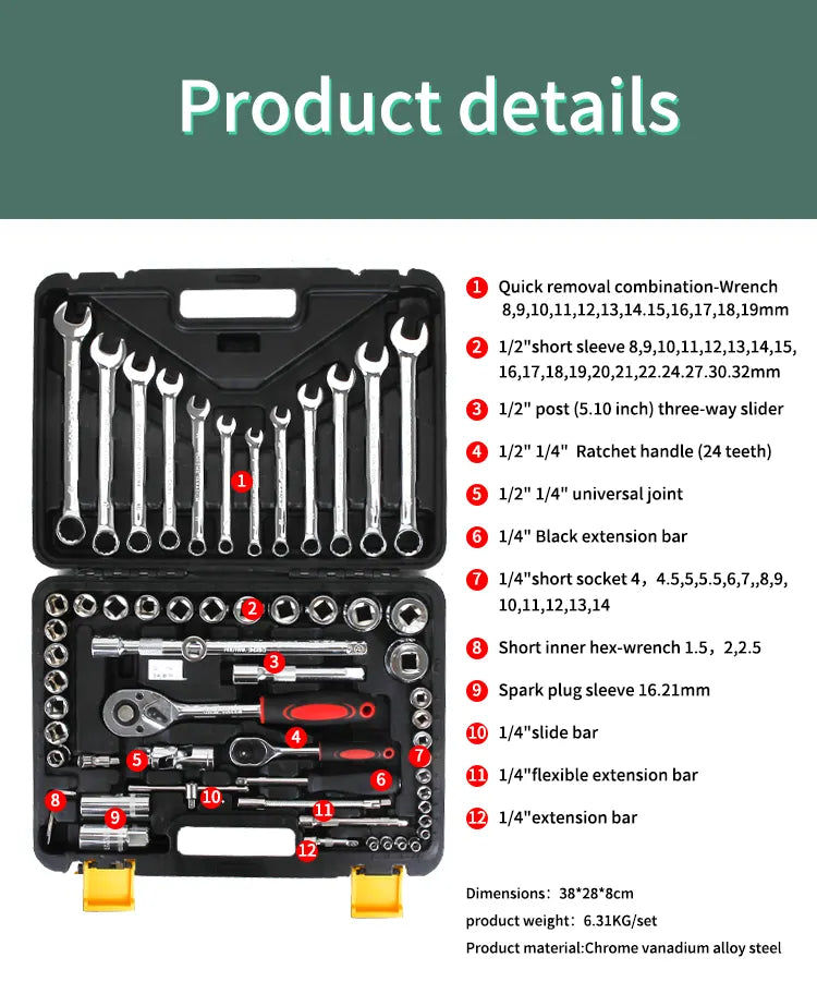 مجموعة أدوات يدوية لإصلاح السيارات مكونة من 61 قطعة من مفاتيح الربط شديدة التحمل من Smart Tools 