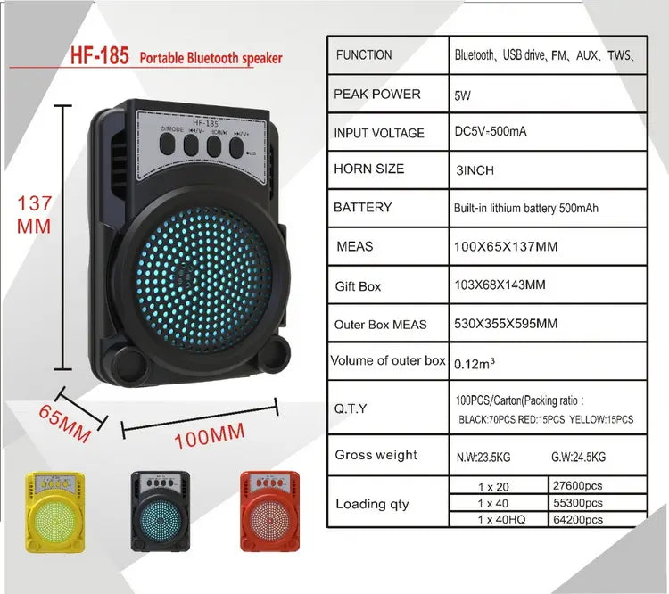 HF-185 مكبر صوت بلوتوث محمول صغير مقاس 3 بوصات مزود بإضاءة