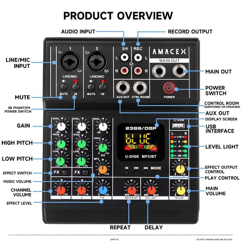 جهاز خلط الصوت الموسيقي الاحترافي المحمول AMACEX PX4 رباعي القنوات