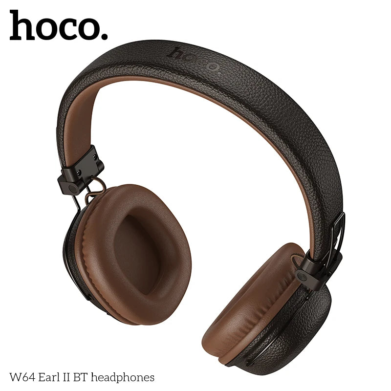 سماعات رأس HOCO W64 فوق الأذن مزودة بتقنية البلوتوث 5.4، سماعات أذن كبيرة من الجلد، سماعات أذن قابلة للطي، سماعات رأس رياضية موسيقية مزودة بميكروفون
