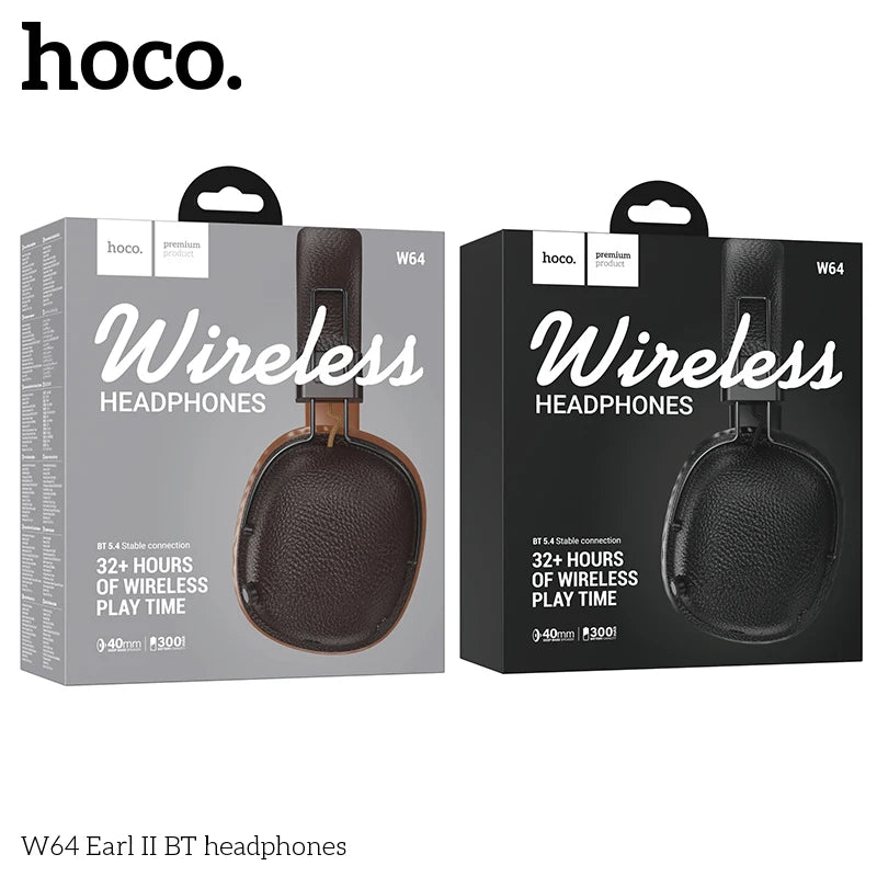 سماعات رأس HOCO W64 فوق الأذن بتقنية البلوتوث 5.4، سماعات أذن لاسلكية كبيرة، سدادات أذن جلدية قابلة للطي