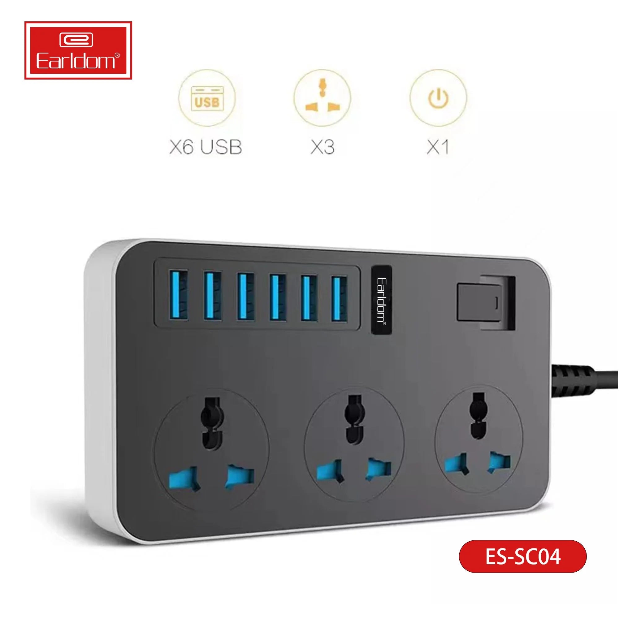 Earldom SC04 3000 W Power Socket, 3 Power Plus and 6 USB Extension
