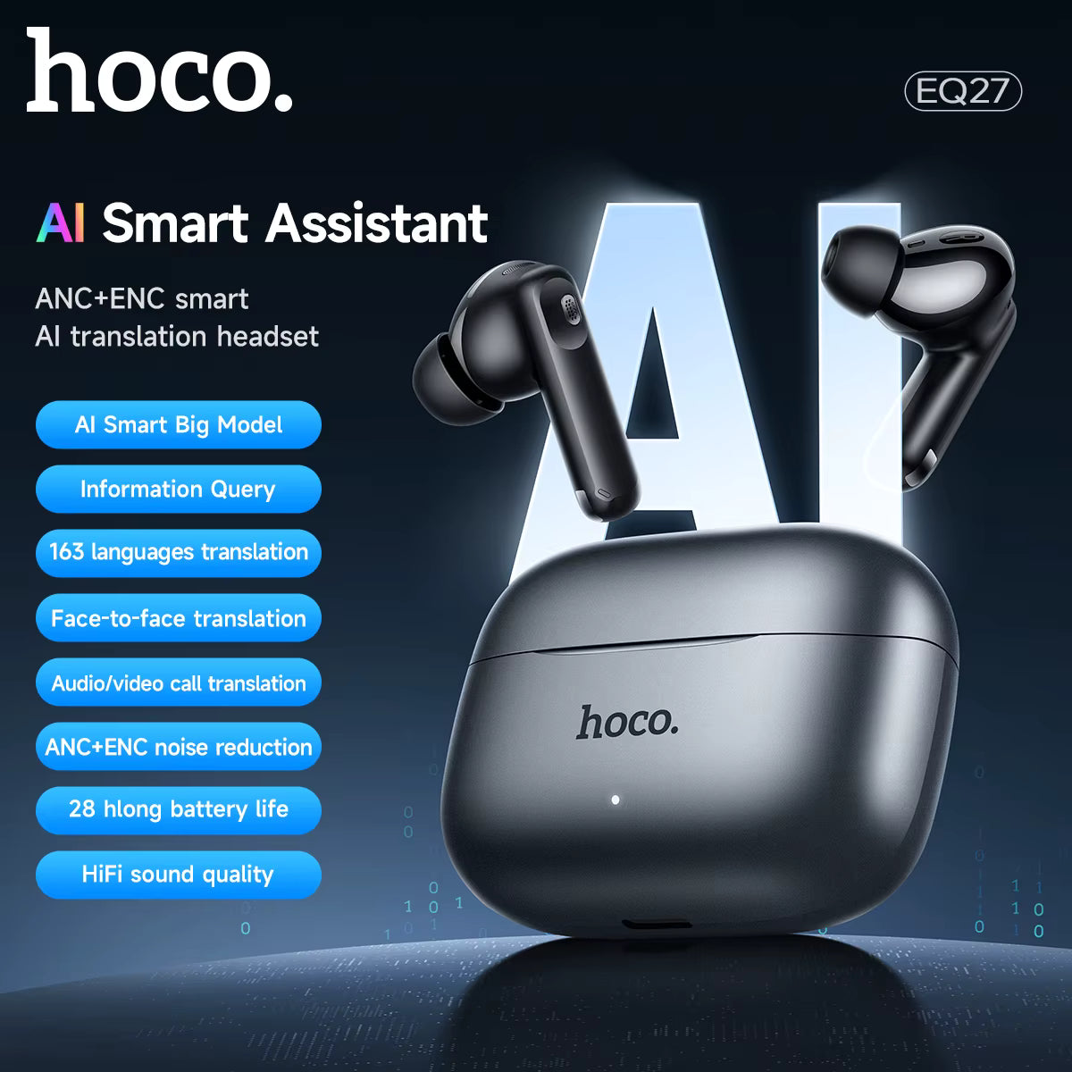 سماعات رأس ذكية بتقنية الذكاء الاصطناعي HOCO EQ27 AI ANC+ENC للترجمة، سماعات بلوتوث رياضية عالية الدقة مع علبة شحن وتطبيق.
