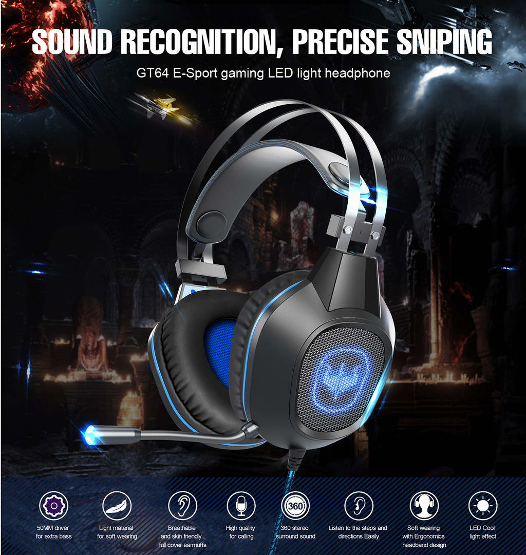 سماعة الألعاب السلكية GT64 فوق الأذن، سماعة رأس رياضية إلكترونية، إضاءة رائعة، USB + سماعات رأس 3.5 مم مع ميكروفون