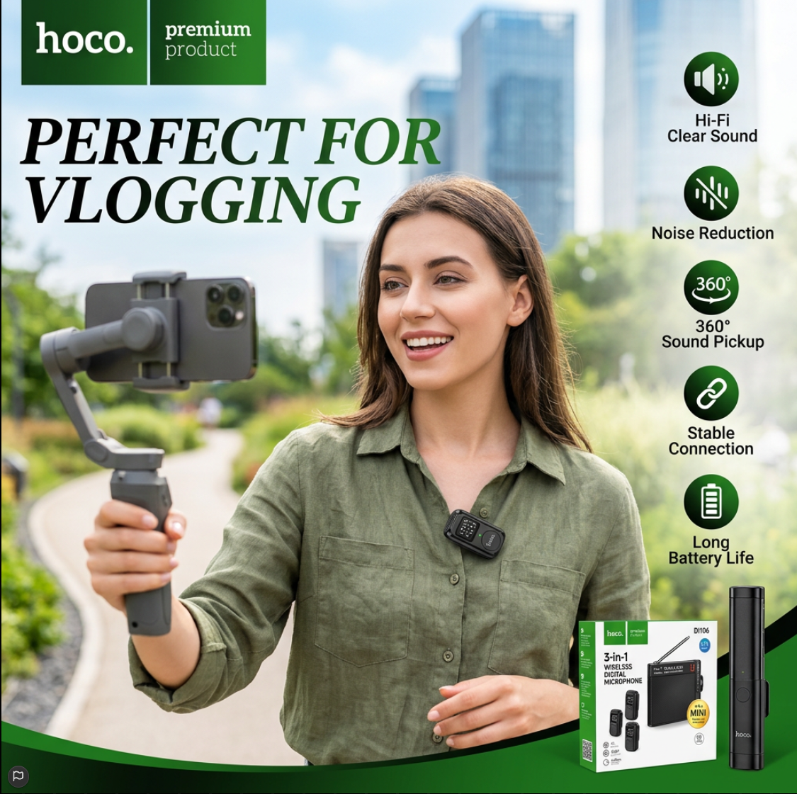 HOCO DI106 is a magnetic-attached 3-in-1 wireless digital microphone